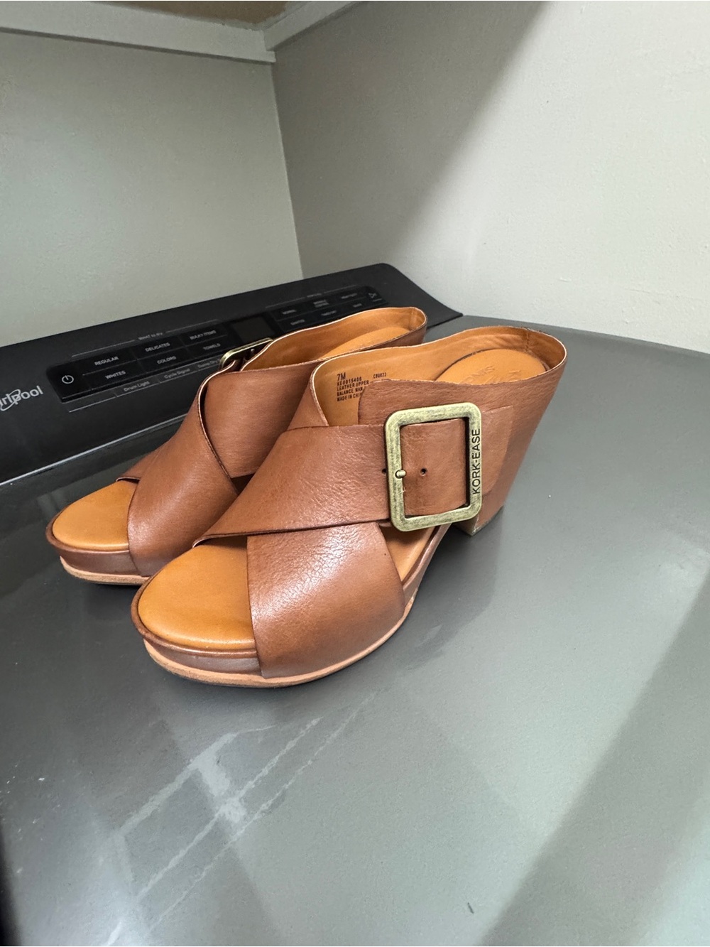 Kork-Ease Women's Tan Leather Wedge Sandals with Buckle